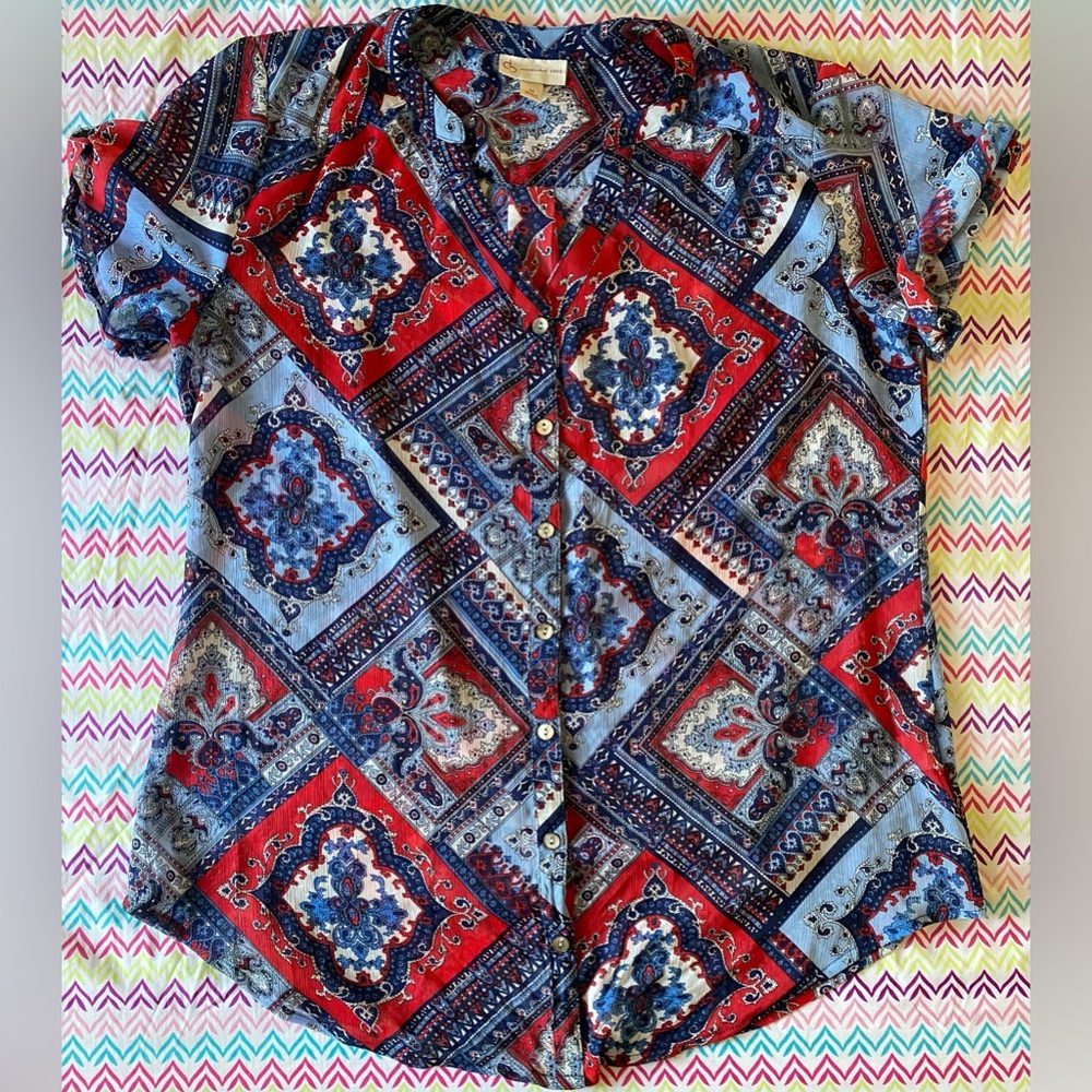 Red and Blue Button Down Blouse with Notched Collar